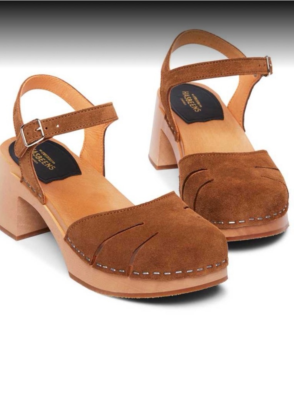 Women’s Brown Suede Block Heel Clogs with Ankle Strapped SWEDISH HASBEEN brand